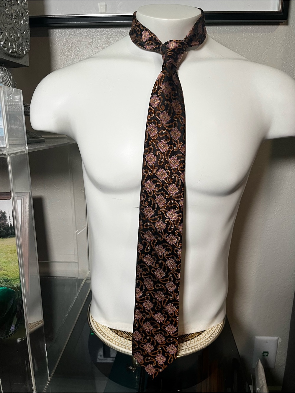 Men's Black Paisley Silk-Style Tie with Brown and Pink Accents